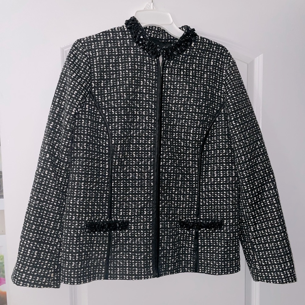 Chico's Black & White Jacket Beaded Collar with Zipper Chicos Sz 2 (Large)